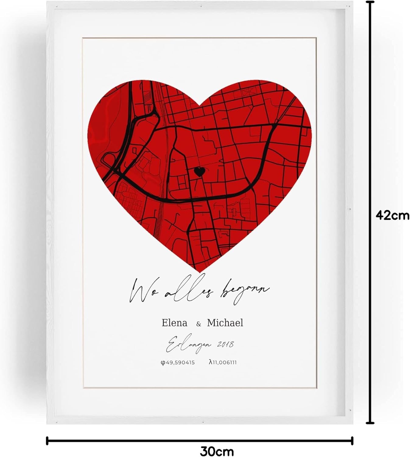 Paul Sinus Bilderrahmen mit deinen GPS Koordinaten und Namen. 30cm x 42cm Holz Wechselrahmen mit Glas und Passepartout. Personalisierte Geschenkidee. LOVE. (ohne Rahmen)