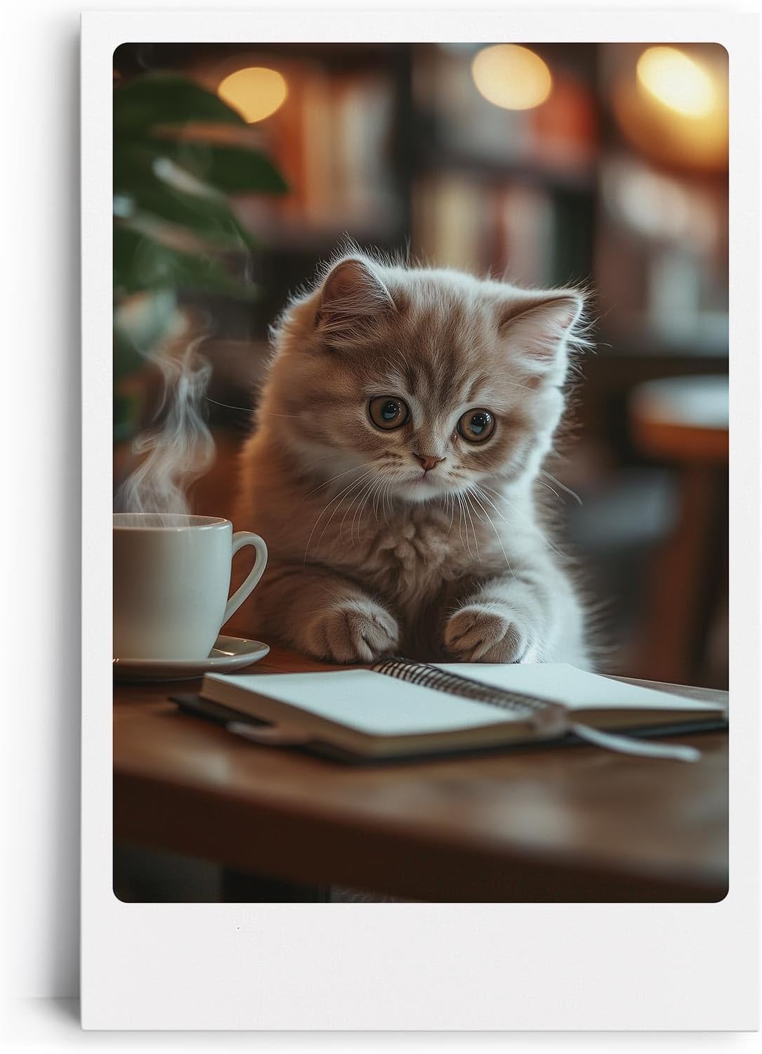 Paul Sinus Leinwandbild 80x120cm Leinwandbild Nachdenkliche Katze im Café – Charmante Szene mit flauschigem Kätzchen, gemütliche Atmosphäre, warmes Licht