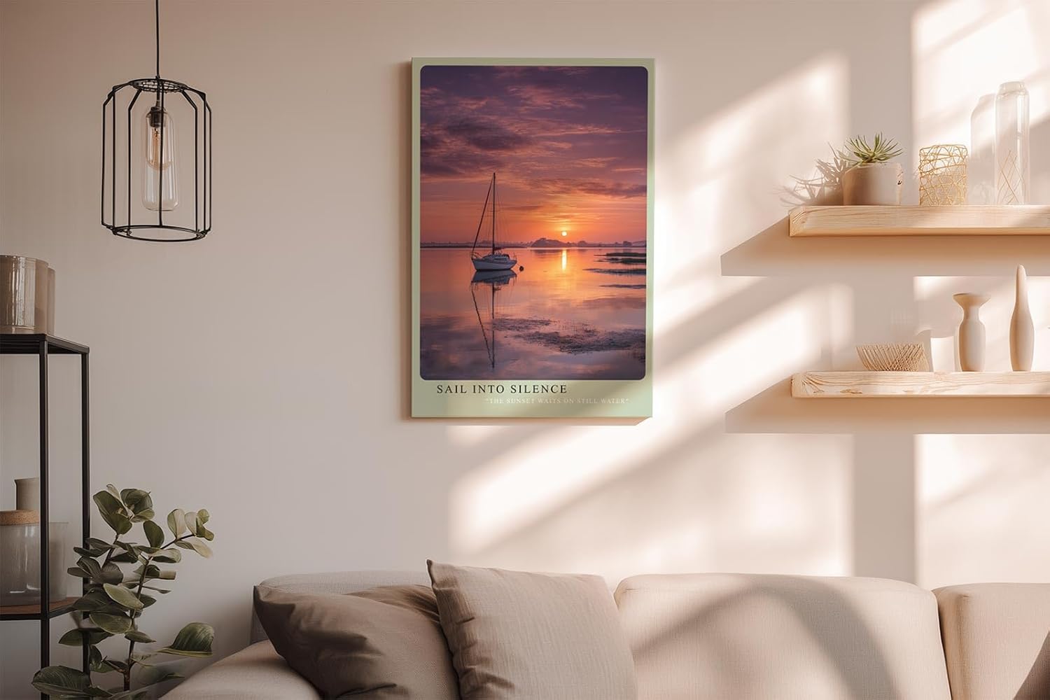 Paul Sinus Wandbild in 40x60cm Segelboot bei Sonnenuntergang auf stillem Wasser mit violett-orangefarbenem Himmel