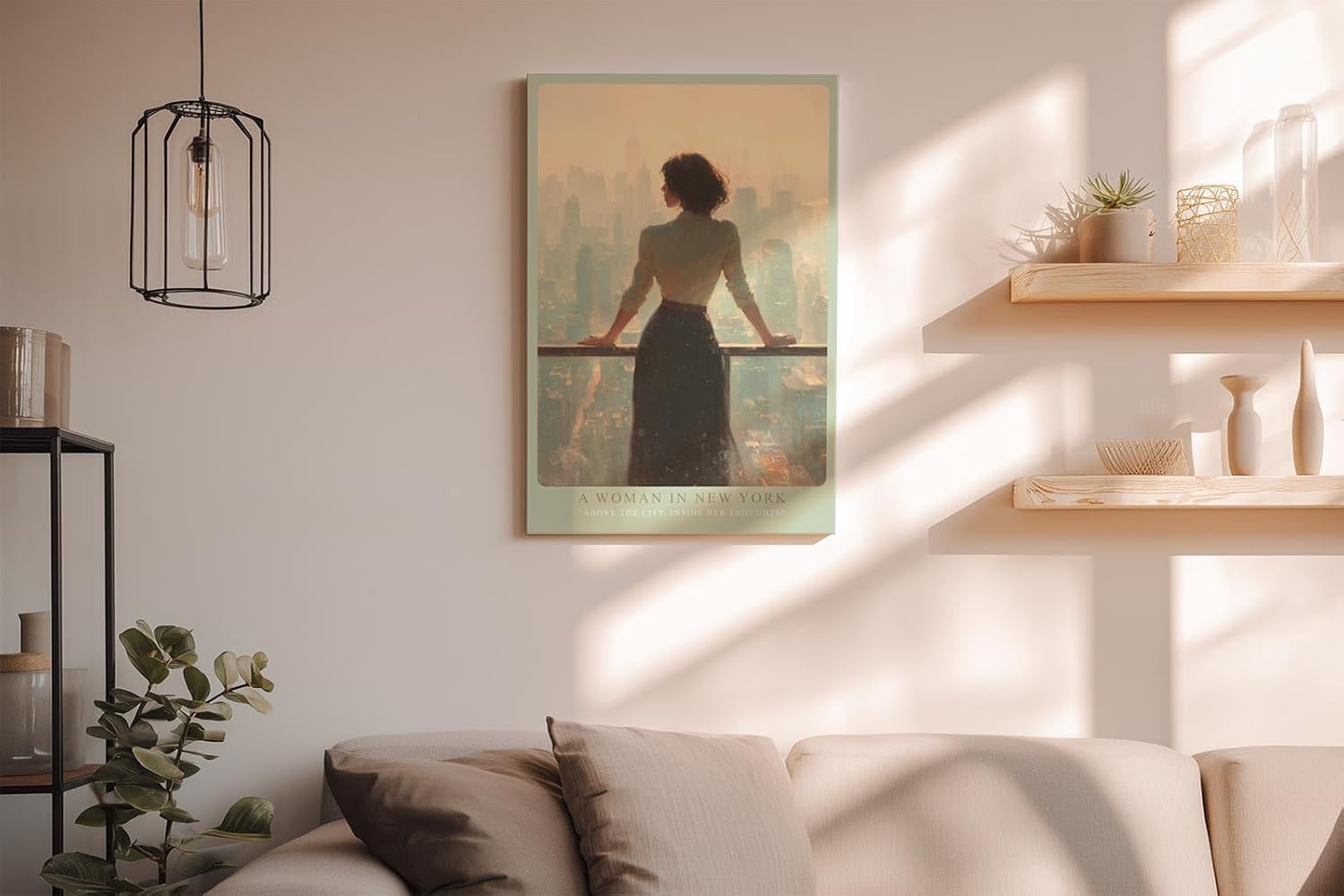 Paul Sinus Wandbild in 40x60cm A Woman in New York – Frau mit Blick auf Skyline im sanften Licht, elegantes Stadtmotiv mit nachdenklicher Stimmung