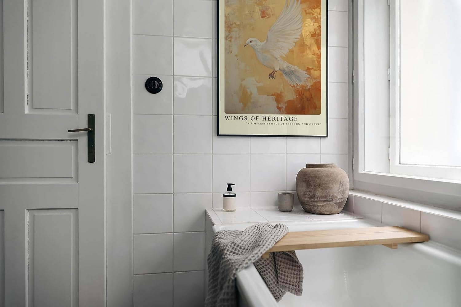 Paul Sinus Leinwandbild 40x60cm Flügel des Erbes – Symbolische weiße Taube im Flug mit goldenem Hintergrund und ausdrucksstarker Eleganz