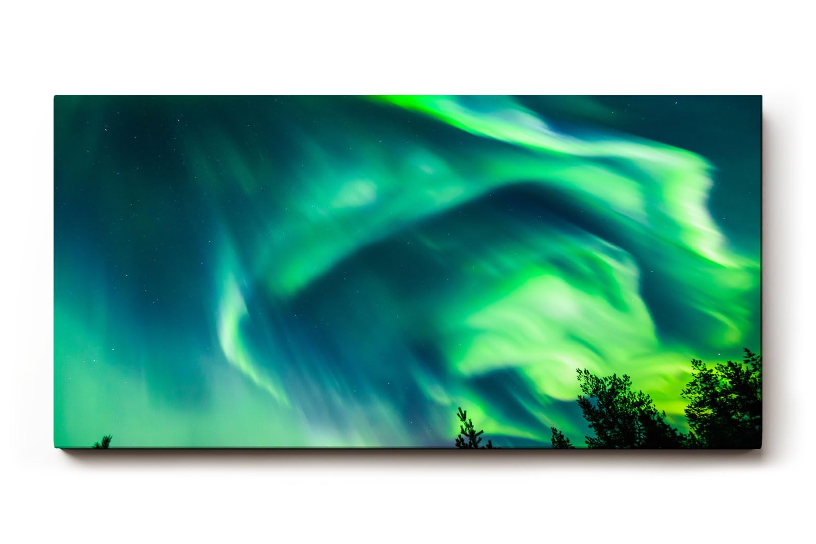Sinus Art Wandbild 120x80cm Atemberaubende Aurora Borealis mit dynamischem Farbspiel über Silhouetten dunkler Bäume
