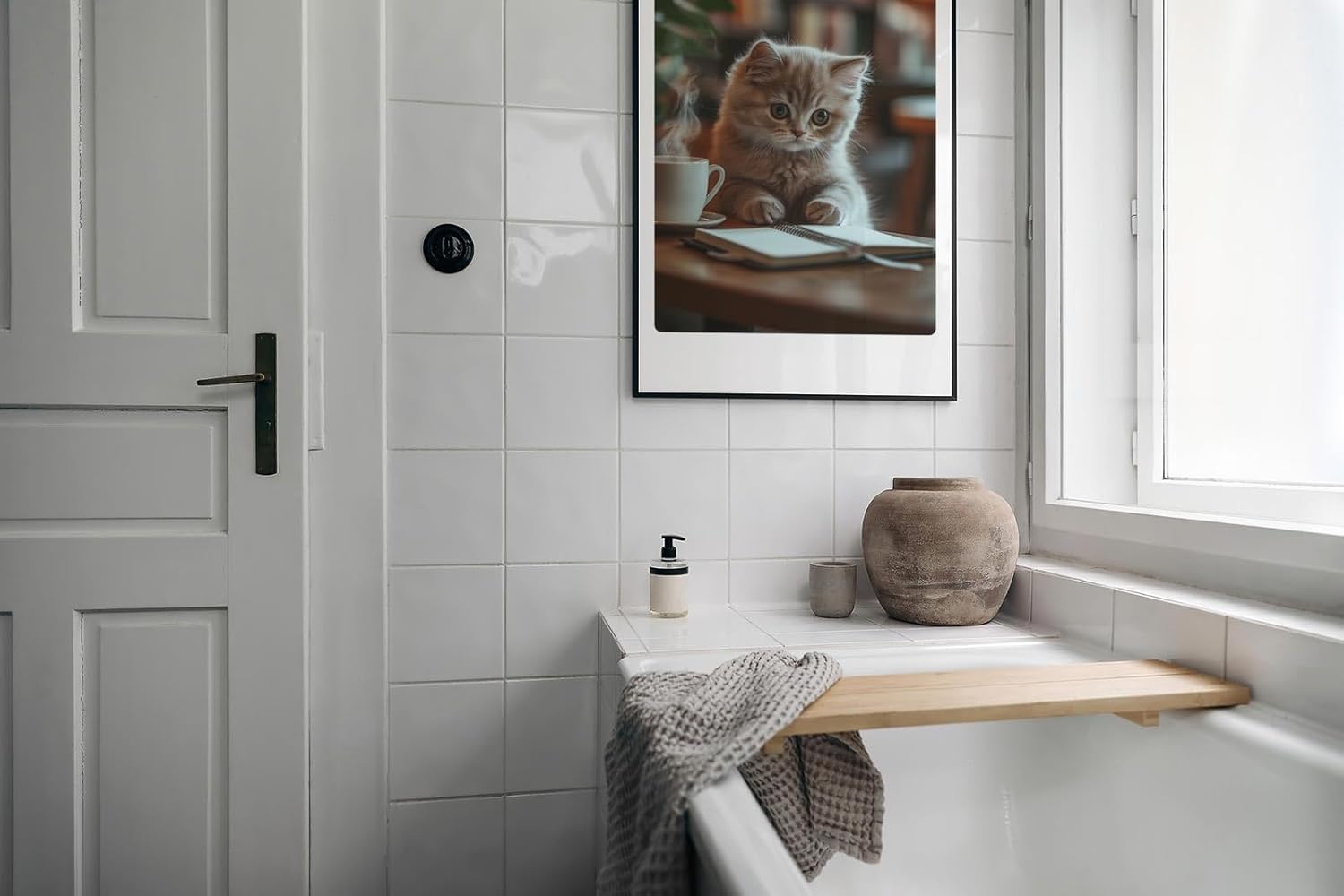 Paul Sinus Leinwandbild 80x120cm Leinwandbild Nachdenkliche Katze im Café – Charmante Szene mit flauschigem Kätzchen, gemütliche Atmosphäre, warmes Licht