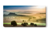 Sinus Art Wandbild 120x80cm Sanfte Hügel mit Olivenbäumen und Zypressen im Dunst des Sonnenaufgangs