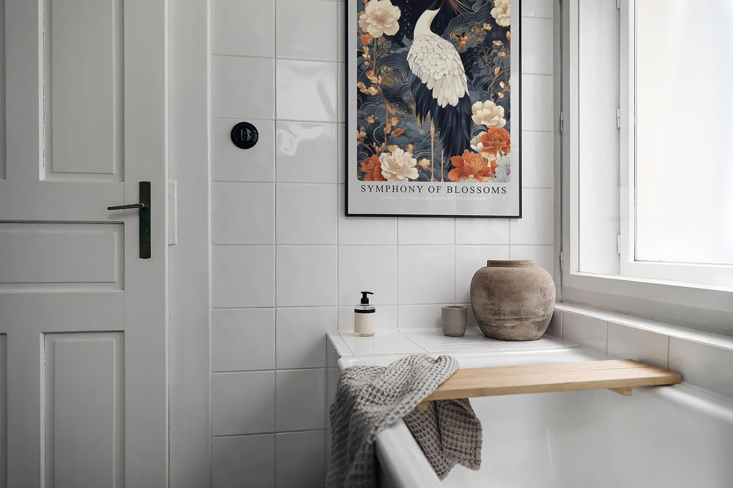 Paul Sinus Leinwandbild 80x120cm Leinwandbild Blütensymphonie – Eleganter Kranich umgeben von floralen Elementen, asiatische Kunst, luxuriöse Ästhetik
