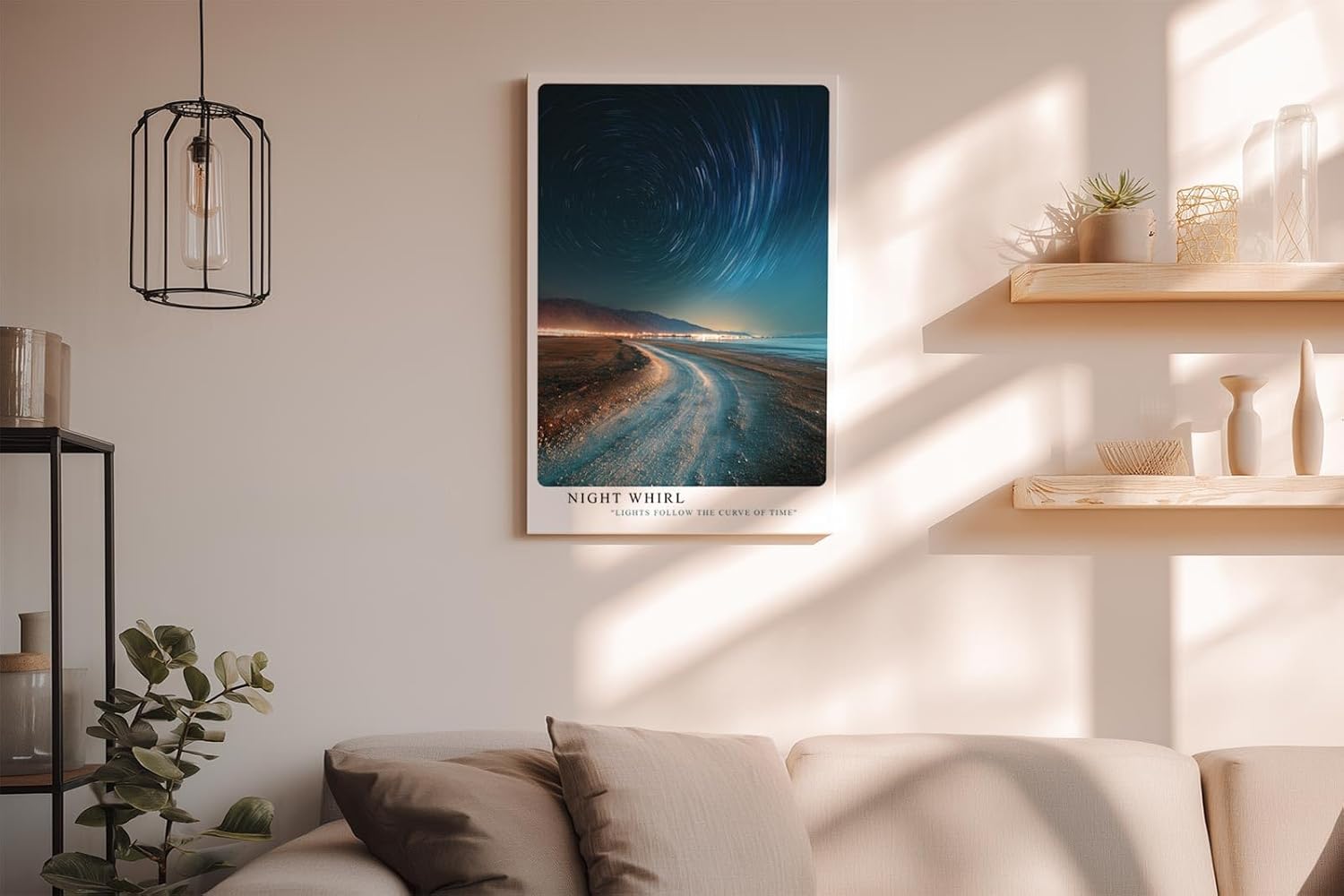 Paul Sinus Wandbild in 40x60cm Night Whirl Sternenhimmel mit Sternenspuren über Küstenstraße in nächtlicher Langzeitbelichtung