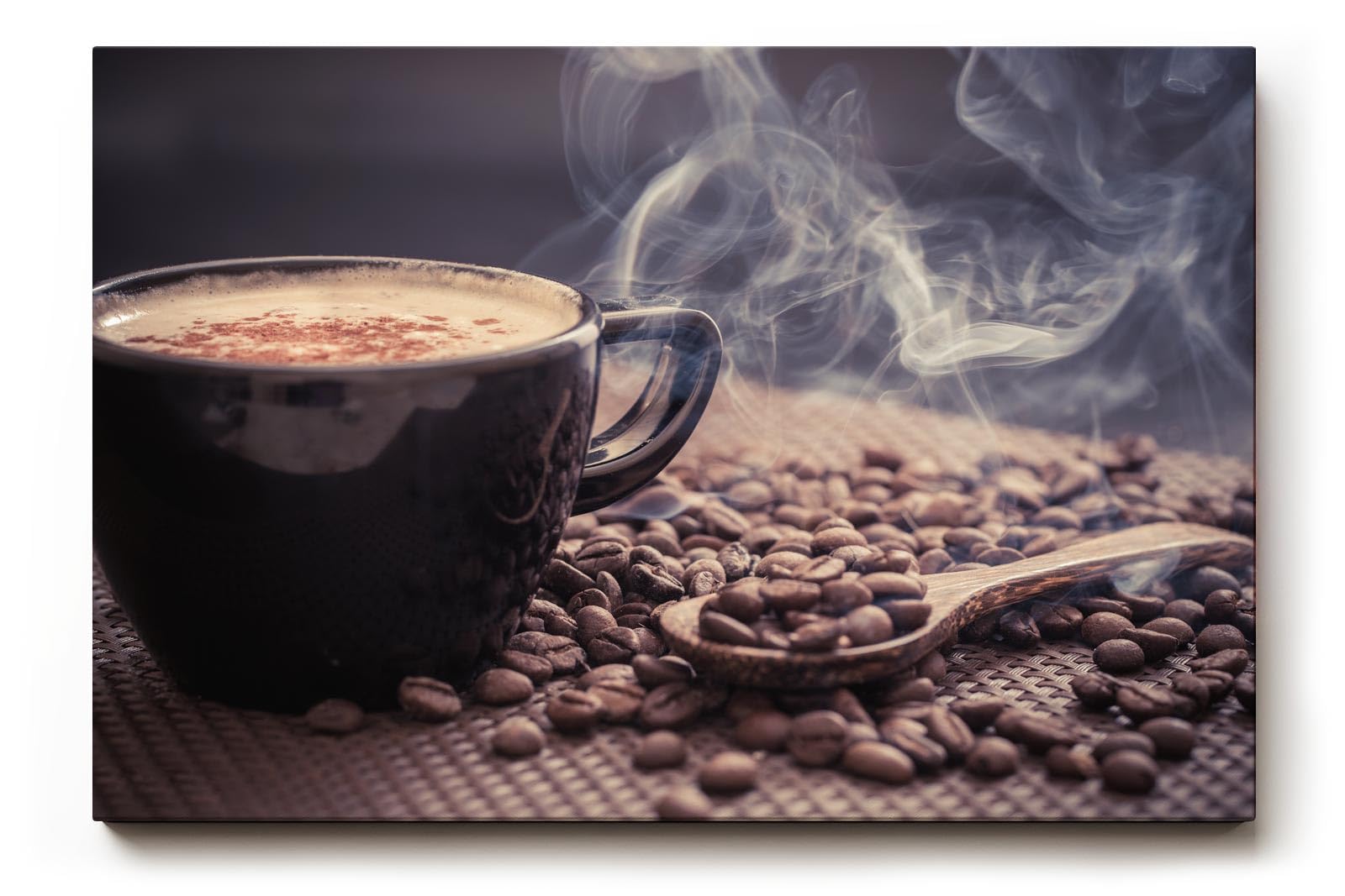 Sinus Art Wandbild 120x80cm Aromatische Darstellung mit dampfender Kaffeetasse und Kaffeebohnen weckt die Sinne und schafft gemütliche Stimmung