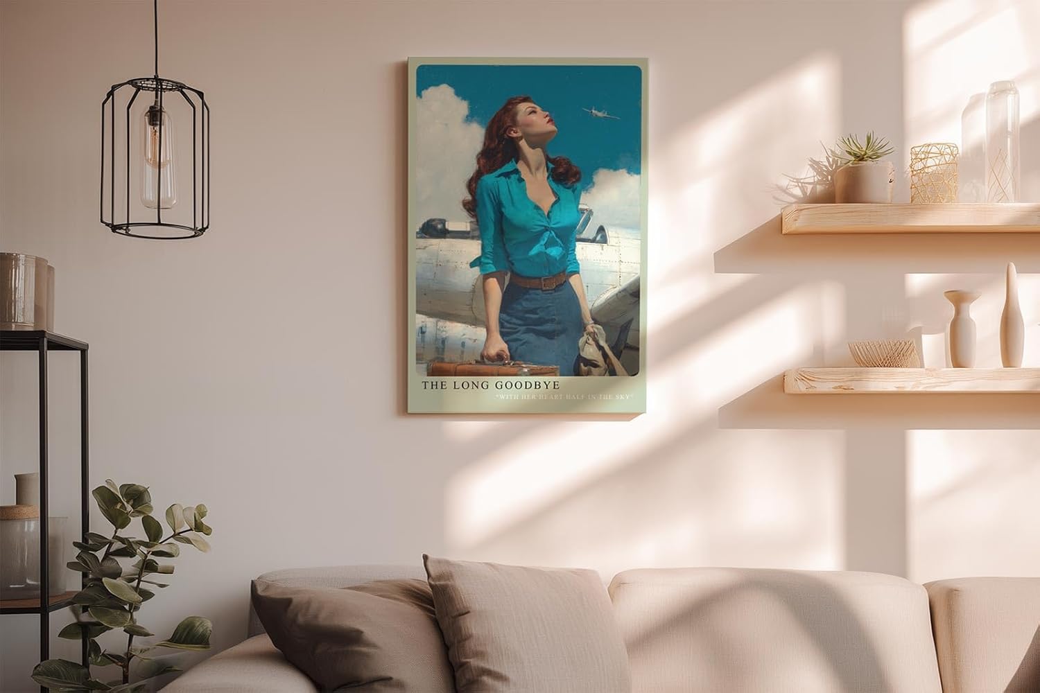 Paul Sinus Wandbild in 40x60cm The Long Goodbye mit stilvoller Frau vor silbernem Flugzeug und Blick in den Himmel für elegante Wandgestaltung