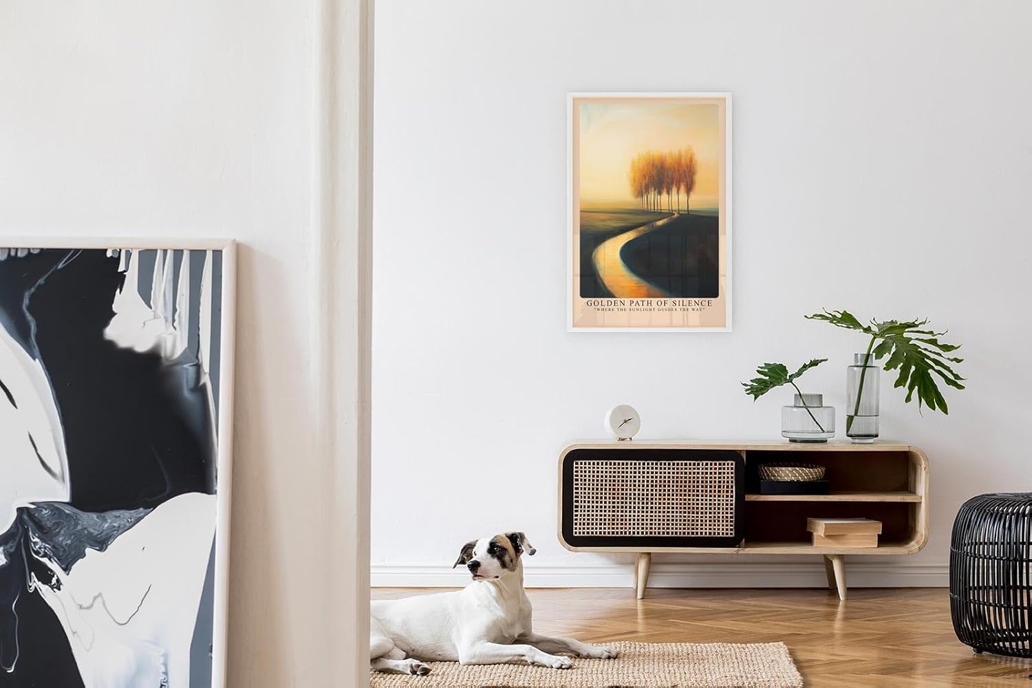 Paul Sinus Leinwandbild 60x90cm Golden Path of Silence – Mystischer Sonnenweg mit goldenen Herbstbäumen in sanftem Licht