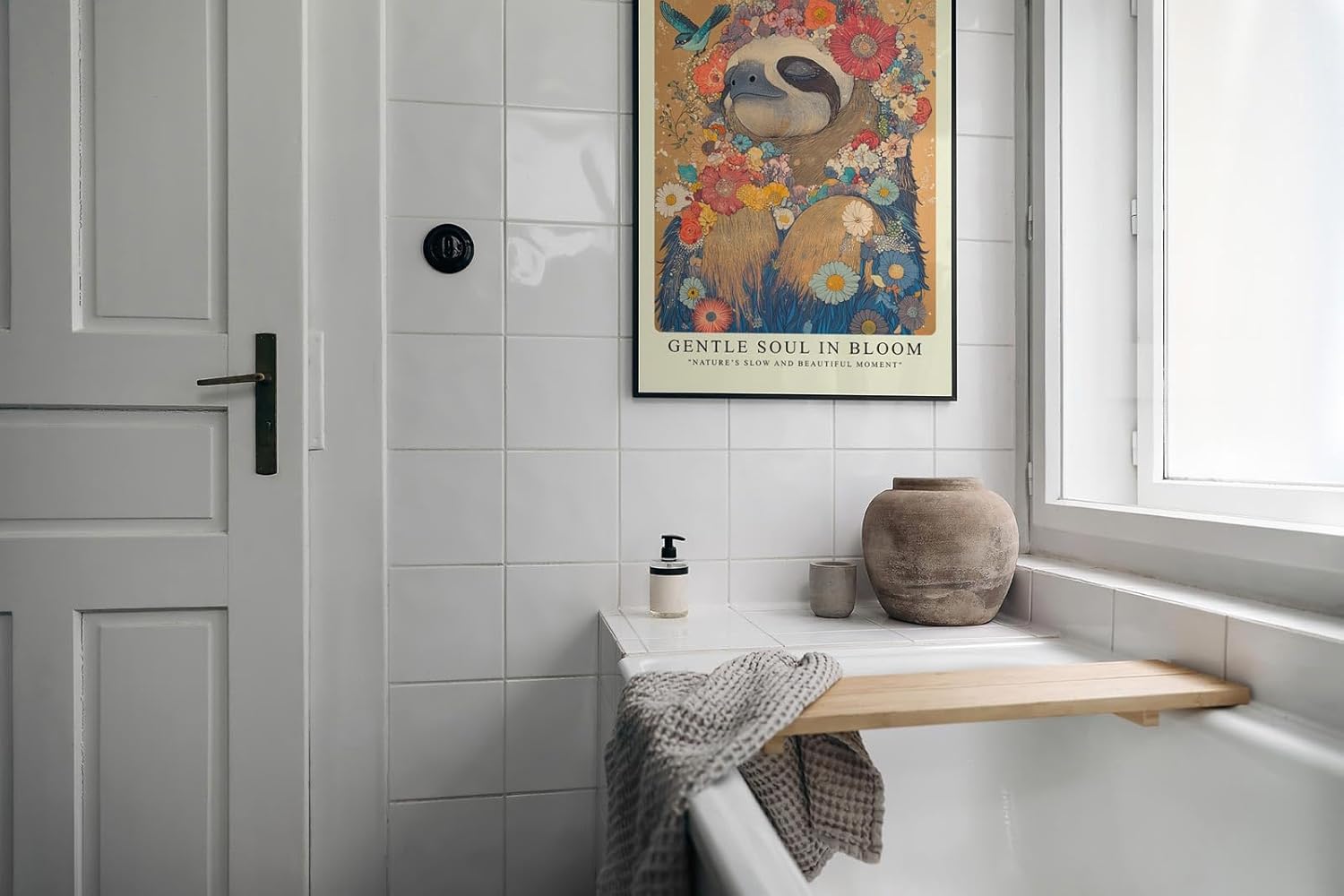 Paul Sinus Leinwandbild 60x90cm verträumtes Faultier in floraler Blütenpracht mit harmonischen Naturfarben – kunstvolles Leinwandbild