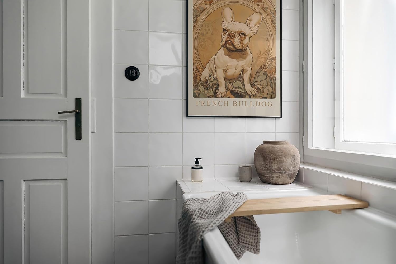 Paul Sinus Leinwandbild 40x60cm French Bulldog – Edles Leinwandbild einer französischen Bulldogge in kunstvollem Jugendstil-Rahmen, warmes Vintage-Design