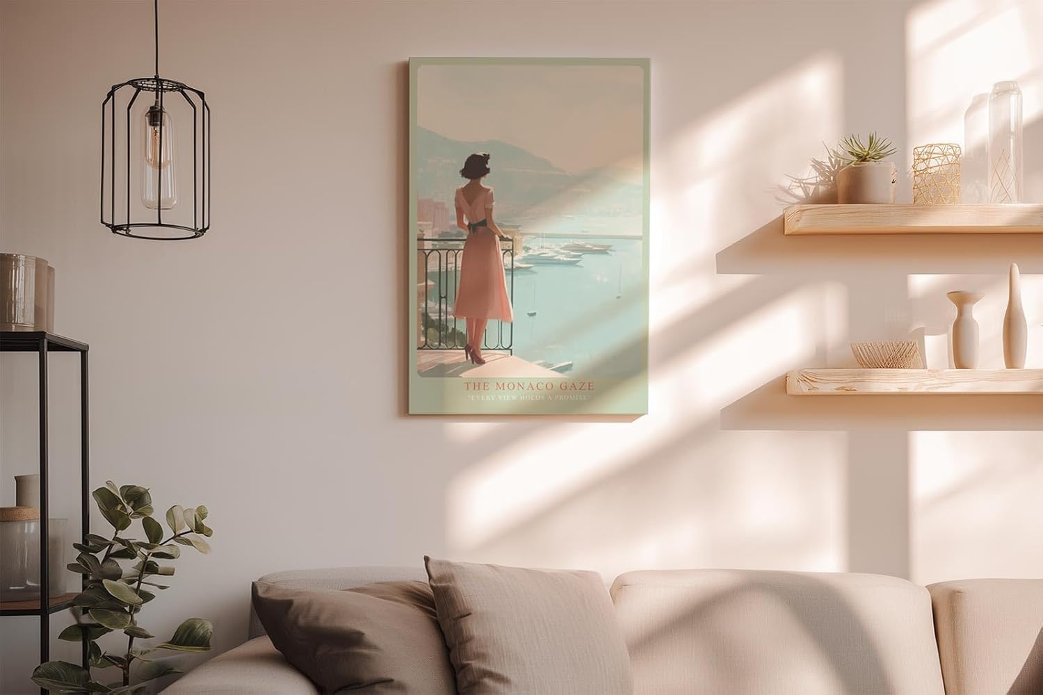 Paul Sinus Wandbild in 40x60cm elegante Frau mit Blick auf Yachthafen von Monaco in pastelligen Farben – stilvolles Retro-Reiseposter für zeitlose Wohnakzente