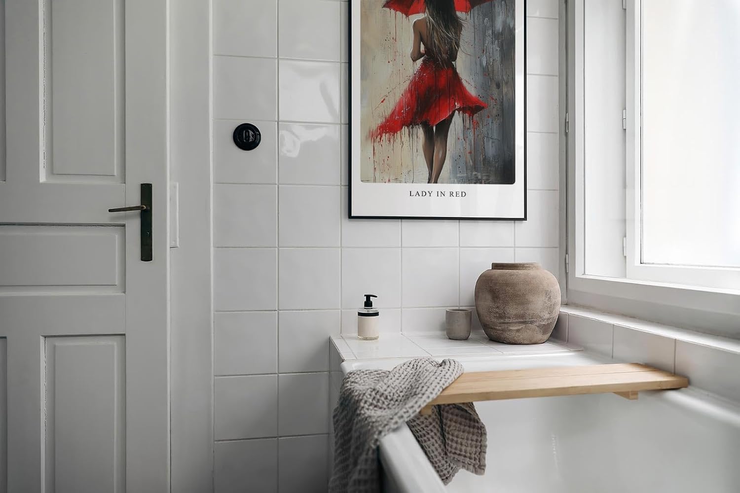 Paul Sinus Leinwandbild 60x90cm Lady in Red – Frau, Rot, Kunst, Regenschirm, Leidenschaft, Eleganz, Sinnlichkeit, Mystik, Emotion, Bewegung, Abstrakt