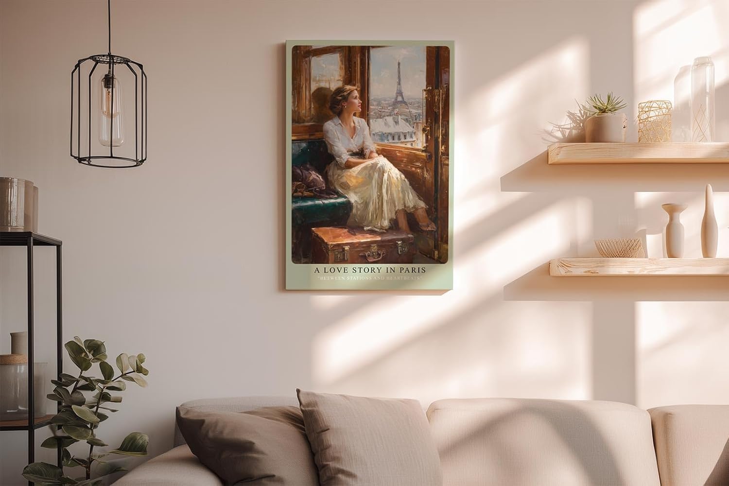 Paul Sinus Wandbild in 40x60cm A Love Story in Paris – Romantische Bahnszene mit Blick auf den Eiffelturm, elegante Frau am Zugfenster, nostalgische Stadtkunst