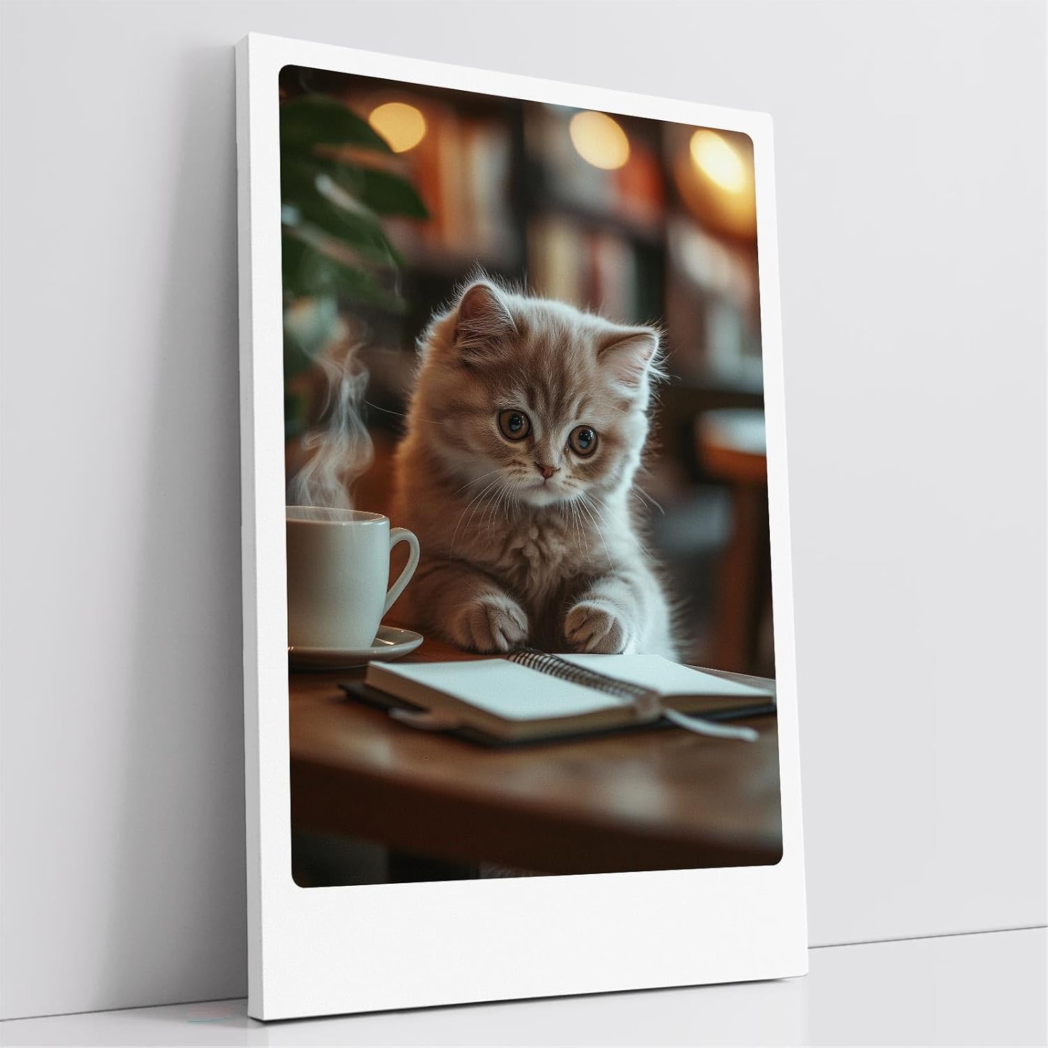 Paul Sinus Leinwandbild 80x120cm Leinwandbild Nachdenkliche Katze im Café – Charmante Szene mit flauschigem Kätzchen, gemütliche Atmosphäre, warmes Licht