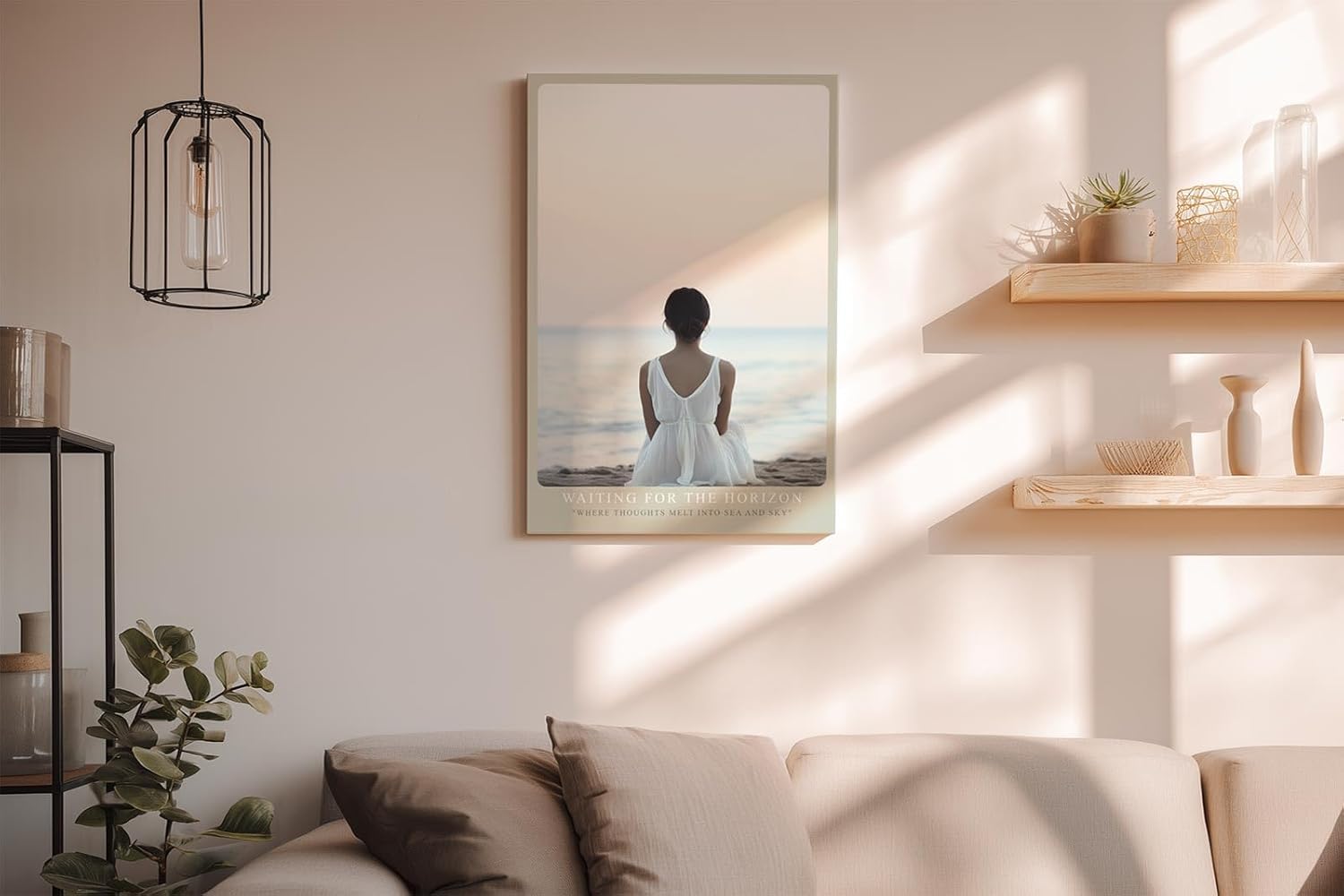 Paul Sinus Wandbild in 40x60cm Waiting for the Horizon – Frau in weißem Kleid am Strand mit Blick auf das Meer bei sanftem Sonnenuntergang