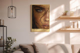 Paul Sinus Wandbild in 40x60cm The Golden Secret – Intensives Porträt mit goldener Blattoptik und blauem Auge in Nahaufnahme