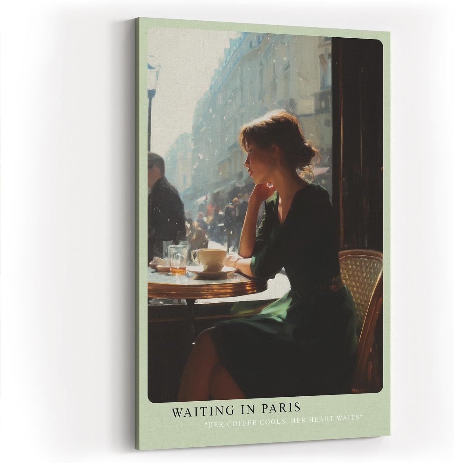 Paul Sinus Wandbild in 40x60cm Waiting in Paris – Ausdrucksstarke Szene einer Frau am Café-Tisch in Paris, nachdenklich ins Straßenleben blickend, moderne Bilder in warmen Farbtönen
