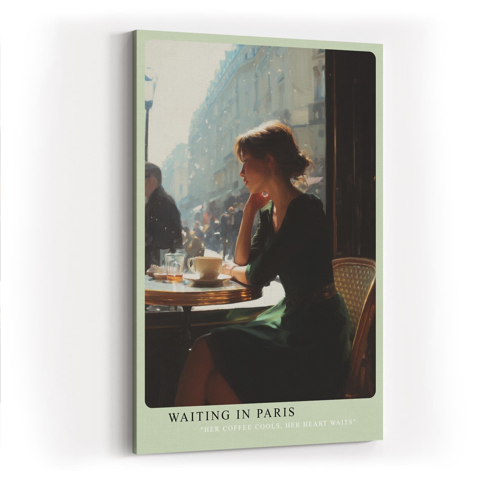 Paul Sinus Wandbild in 40x60cm Waiting in Paris – Ausdrucksstarke Szene einer Frau am Café-Tisch in Paris, nachdenklich ins Straßenleben blickend, moderne Bilder in warmen Farbtönen