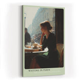 Paul Sinus Wandbild in 40x60cm Waiting in Paris – Ausdrucksstarke Szene einer Frau am Café-Tisch in Paris, nachdenklich ins Straßenleben blickend, moderne Bilder in warmen Farbtönen