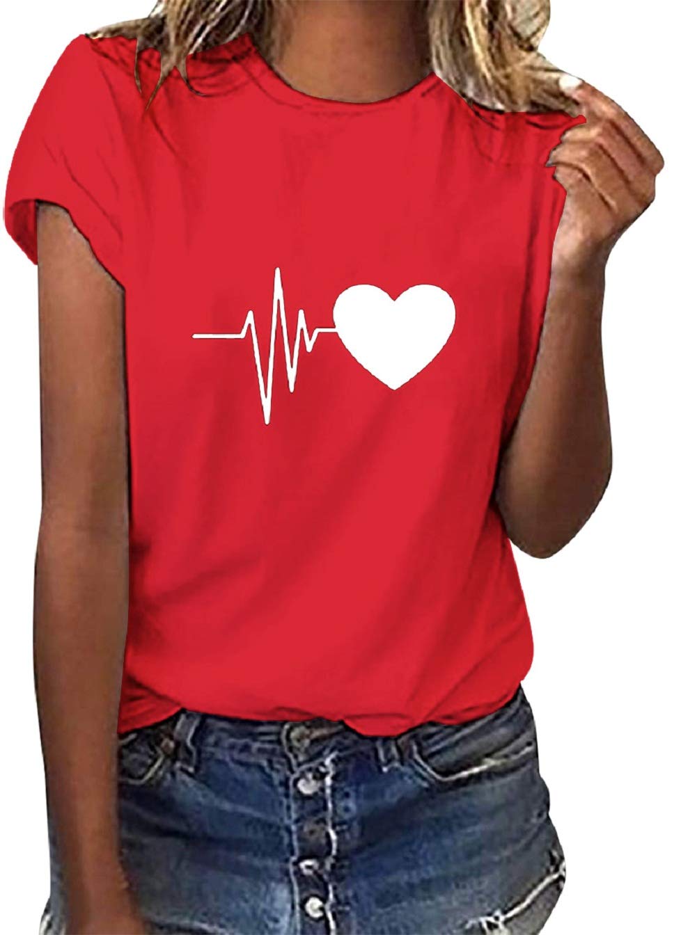 Tuopuda T-Shirt Damen Sommer Oberteile Rundhals Kurzärmeliges Print Bluse Basic Shirt Bequem Baumwolle Tunika Tee Tops Schlank Hemd für Frühling Sommer Herbst