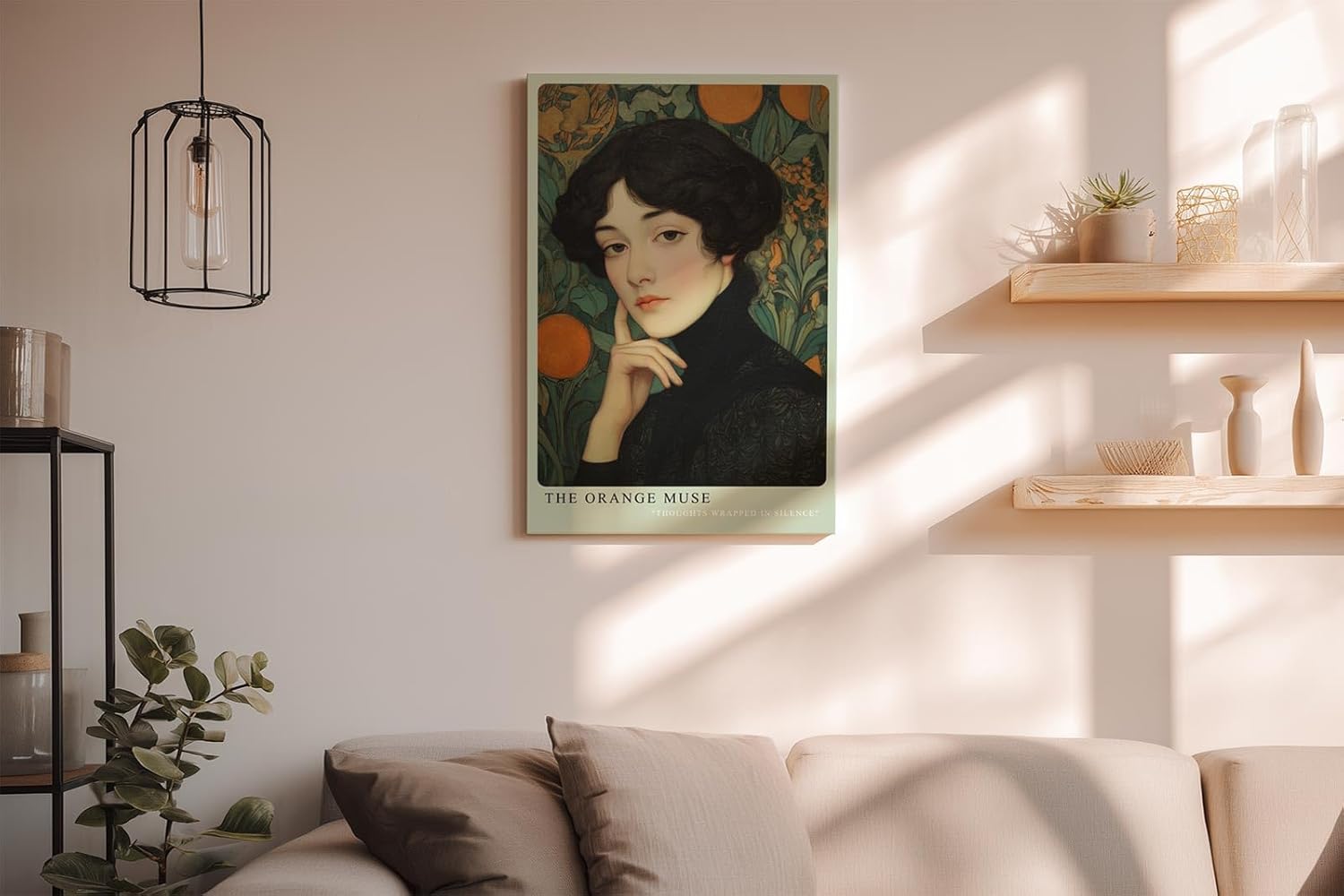 Paul Sinus Wandbild in 40x60cm The Orange Muse – Elegantes Porträt im Jugendstil mit warmen Orangetönen und kunstvollen floralen Details