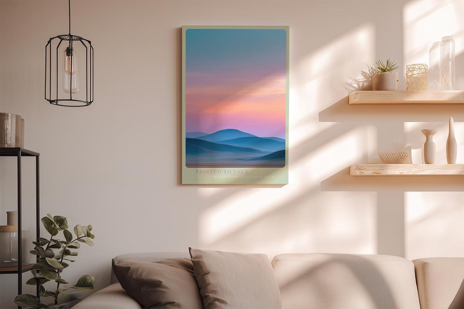 Paul Sinus Wandbild in 40x60cm Pastellfarbene Hügellandschaft im Sonnenaufgang mit sanftem Farbverlauf am Himmel
