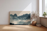 Sinus Art Wandbild 120x80cm Faszinierende Bergsilhouetten im Nebel mit dynamischem Vogelschwarm erzeugen eine ruhige und kraftvolle Atmosphäre