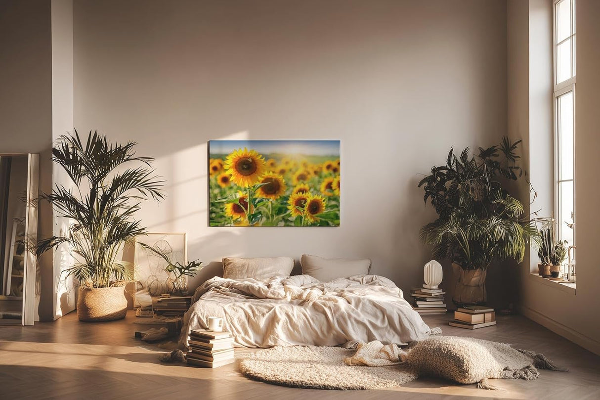 Sinus Art Wandbild 120x80cm Sonnenblumen in voller Blüte unter strahlender Sonne mit tiefer Perspektive
