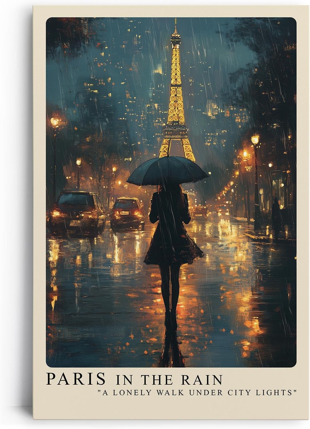 Paul Sinus Leinwandbild 60x90cm Paris im Regen – Romantische Stadtansicht mit Eiffelturm, leuchtenden Lichtern und geheimnisvoller Silhouette