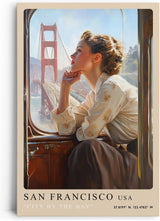 Paul Sinus Leinwandbild 60x90cm City by the Bay – San Francisco, Golden Gate Bridge, Nostalgie, Reise, Retro, Vintage, Romantik, Frau, Bahn