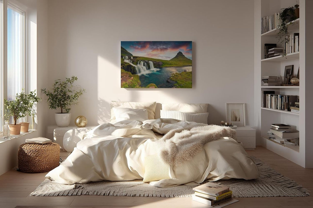 Sinus Art Wandbild 120x80cm Spektakuläres Zusammenspiel von Wasserfall, Berg und Himmel in Island