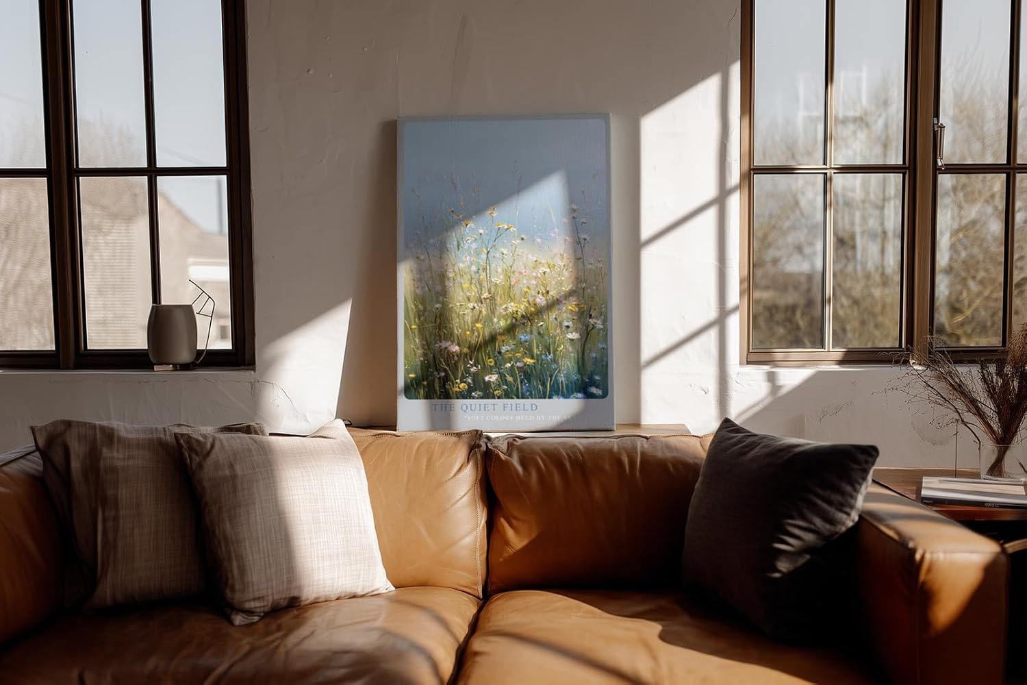 Paul Sinus Wandbild in 40x60cm The Quiet Field Sanfte Wildblumenwiese in Pastellfarben unter klarem Himmel für ruhige und harmonische Raumakzente