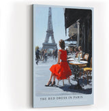 Paul Sinus Wandbild in 40x60cm The Red Dress in Paris Bilder einer Frau im roten Kleid an einem Straßencafé mit Blick auf den Eiffelturm
