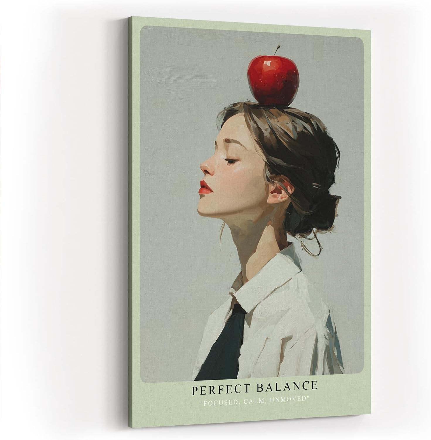 Paul Sinus Wandbild in 40x60cm Perfect Balance – Minimalistisches Porträt einer jungen Frau mit Apfel auf dem Kopf, seitliches Profil, moderne Bilder mit klaren Linien, stilvoll und symbolträchtig