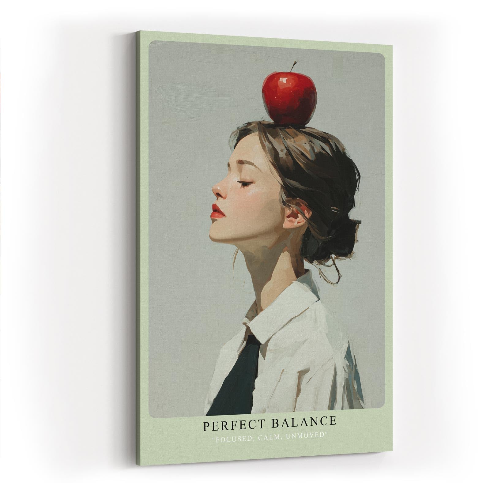 Paul Sinus Wandbild in 40x60cm Perfect Balance – Minimalistisches Porträt einer jungen Frau mit Apfel auf dem Kopf, seitliches Profil, moderne Bilder mit klaren Linien, stilvoll und symbolträchtig