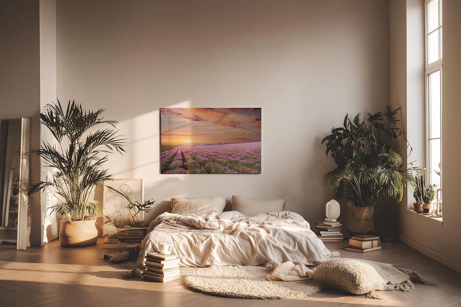 Sinus Art Wandbild 120x80cm Unendliches Lavendelfeld im warmen Licht des Sonnenuntergangs – beruhigend und harmonisch