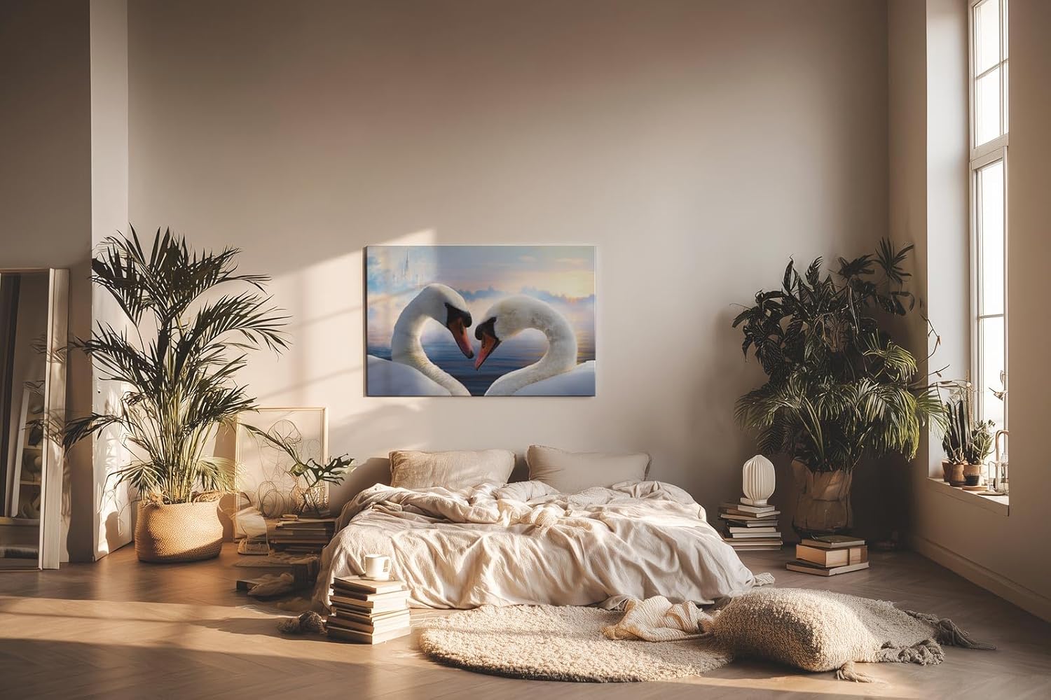 Sinus Art Wandbild 120x80cm Romantisches Schwanenmotiv mit Herzform und märchenhaftem Hintergrund