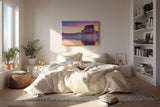 Sinus Art Wandbild 120x80cm Monolithische Felsformation spiegelt sich im ruhigen See unter farbigem Abendhimmel