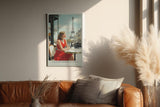 Paul Sinus Wandbild in 40x60cm A Cup of Coffee in Paris Bilder einer Frau im roten Kleid in einem Pariser Straßencafé mit Blick auf den Eiffelturm