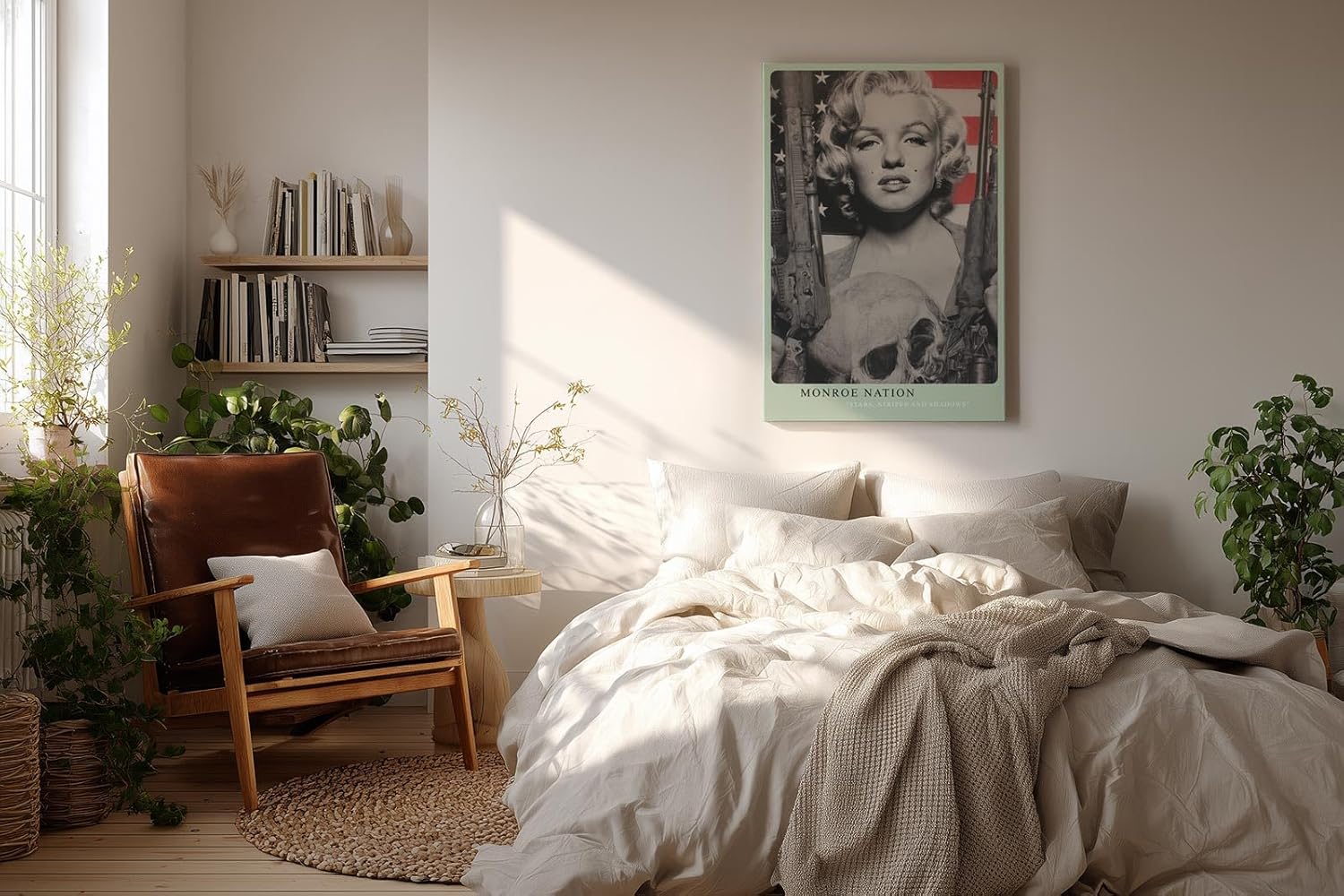 Paul Sinus Wandbild in 40x60cm Marilyn Monroe mit Gewehren in Schwarz-Weiß vor US-Flagge – ausdrucksstarkes Pop-Art-Porträt