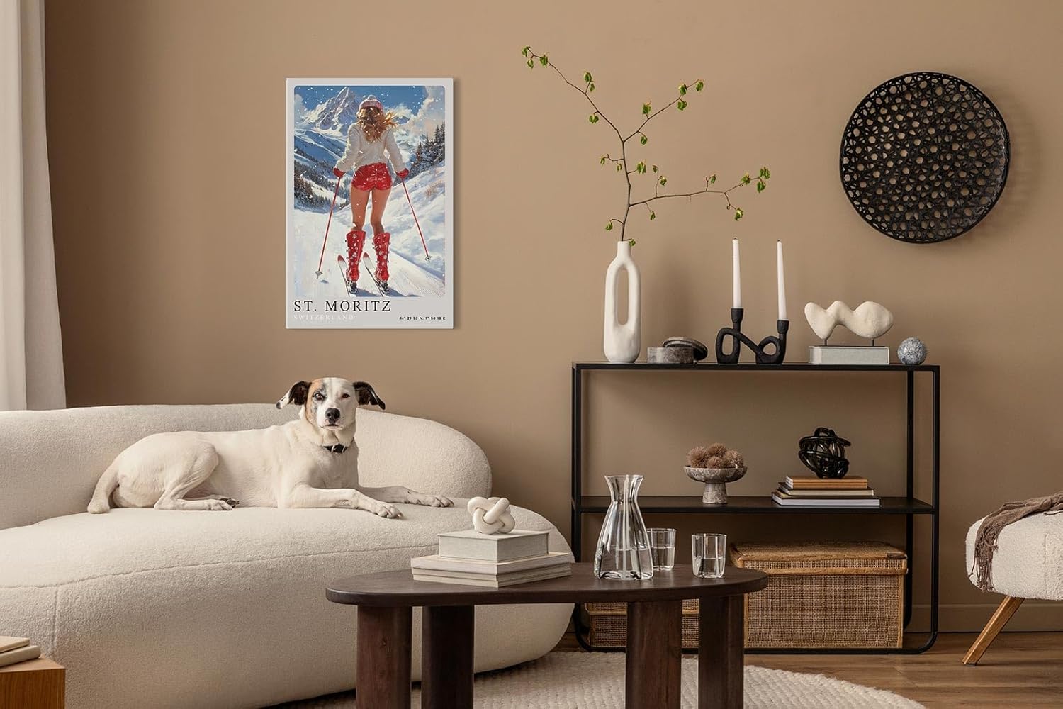 Paul Sinus Leinwandbild 60x90cm Leinwandbild St. Moritz Skifahren Winterzauber Alpen stilvolle Eleganz sportliche Ästhetik luxuriöser Lifestyle Retro