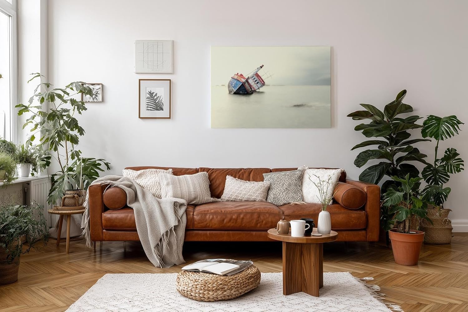 Sinus Art Wandbild 120x80cm Die Szene eines gekippten Bootes auf ruhiger Wasserfläche wirkt melancholisch und meditativ zugleich