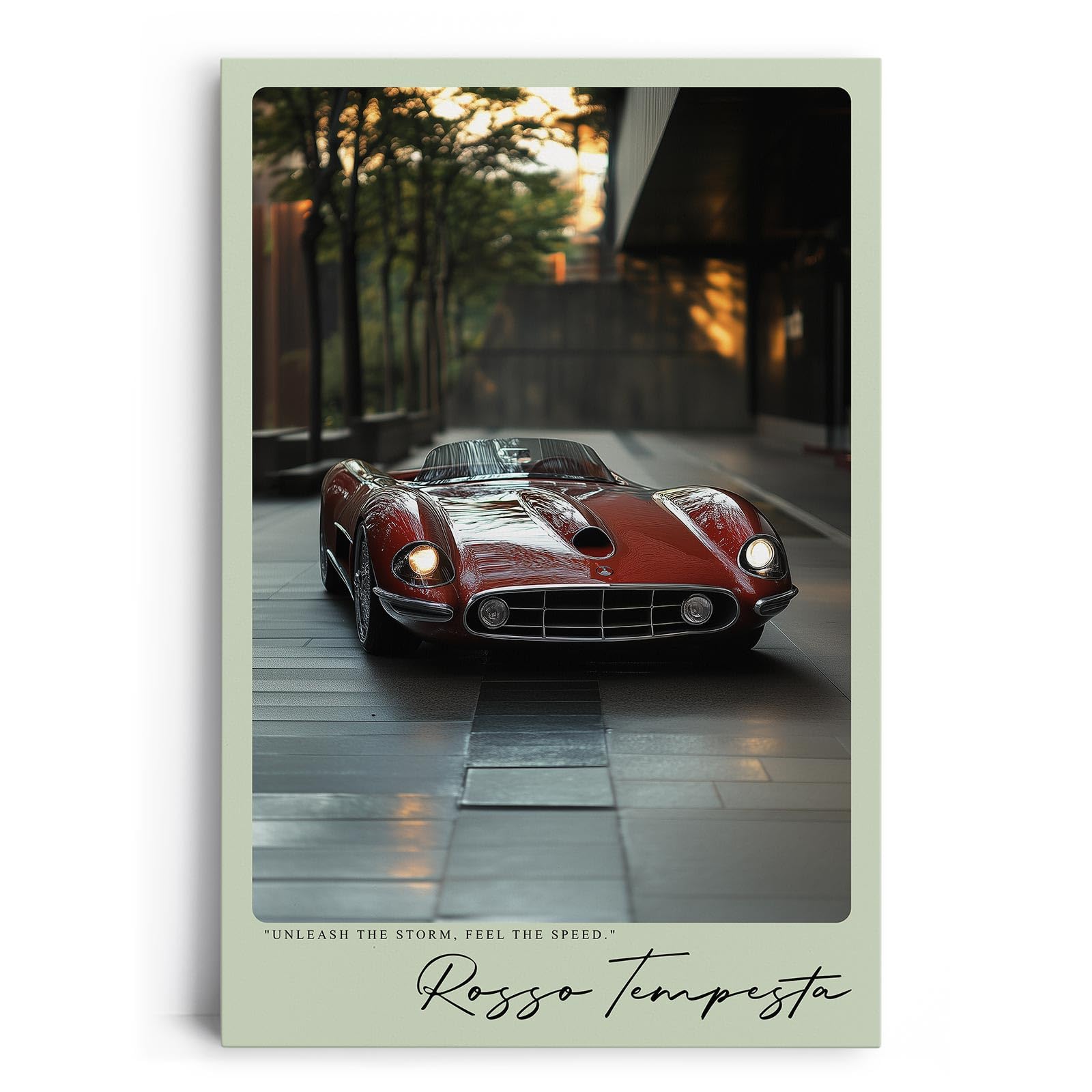 Paul Sinus Leinwandbild 40x60cm Rosso Tempesta Leinwandbild legendärer Sportwagen in urbaner Umgebung dynamisches Design und pure Geschwindigkeit