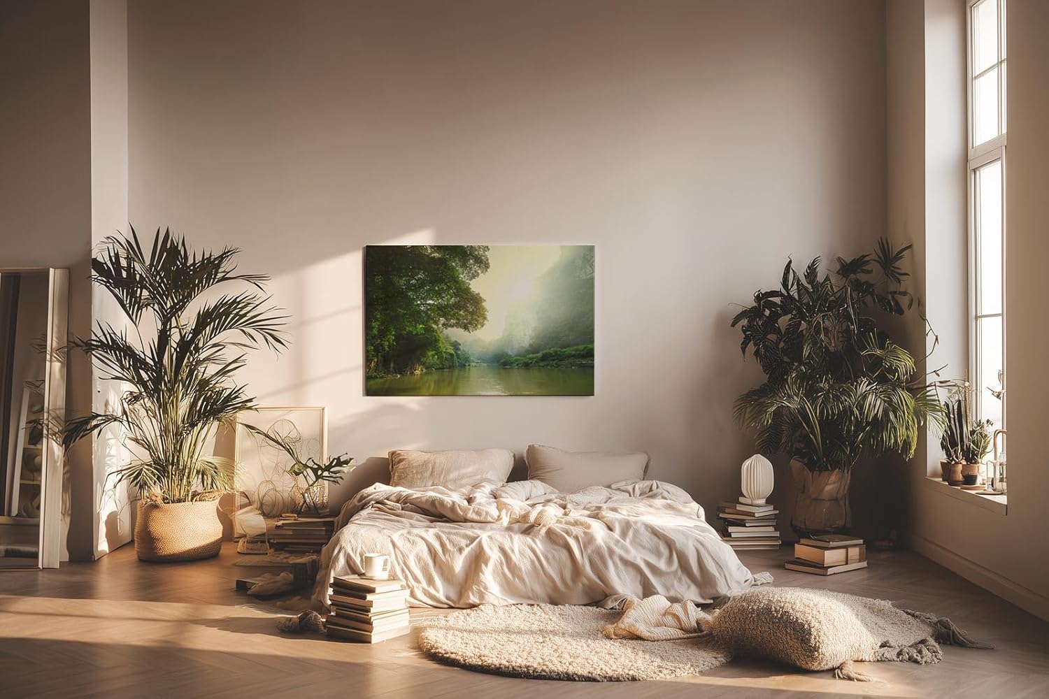 Sinus Art Wandbild 120x80cm Stimmungsvoller Flusslauf im Tal mit Sonnenaufgang und dichter Vegetation