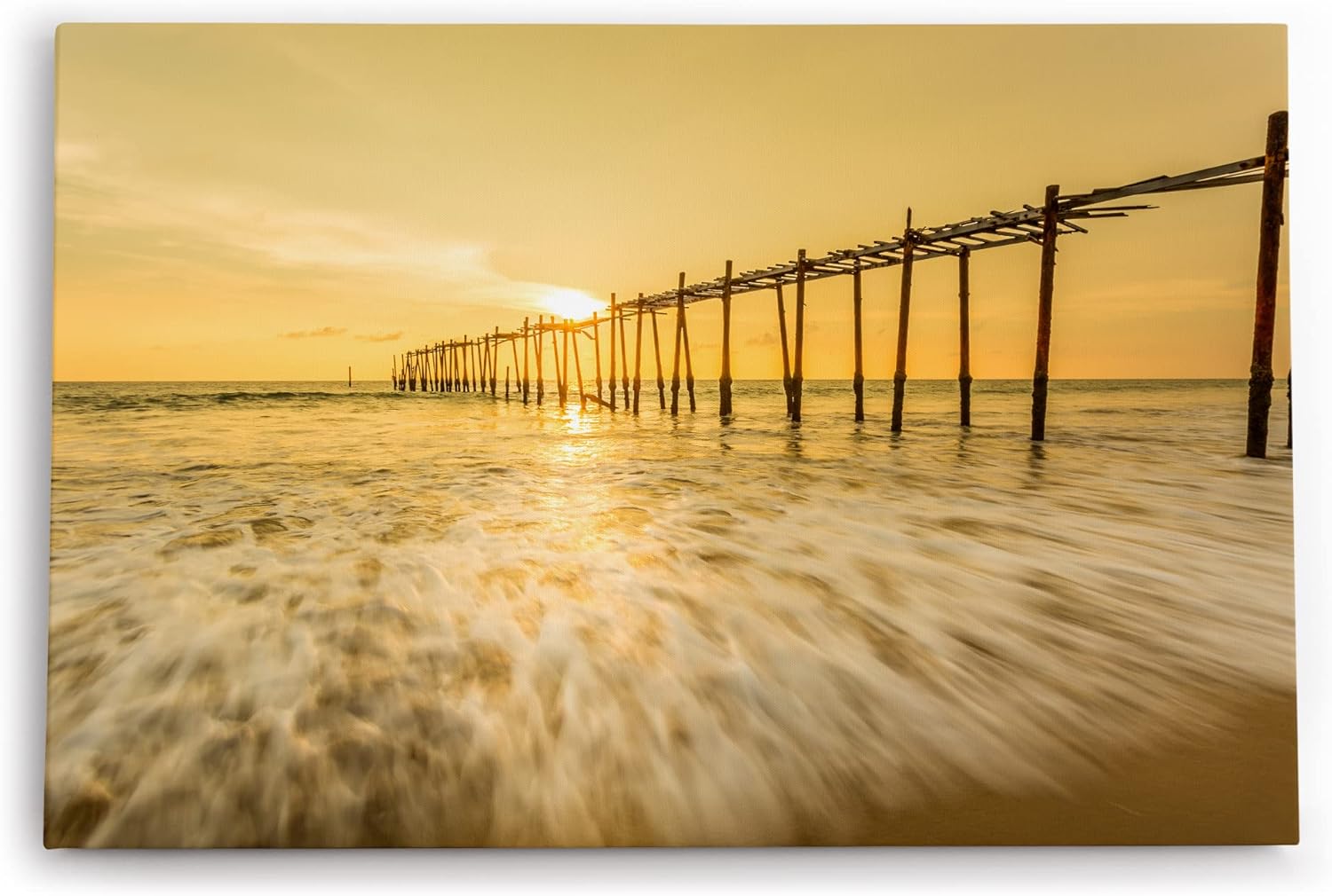 Paul Sinus Wandbild 120x80cm Holzsteg am Strand Sonnenuntergang Abendröte Meer
