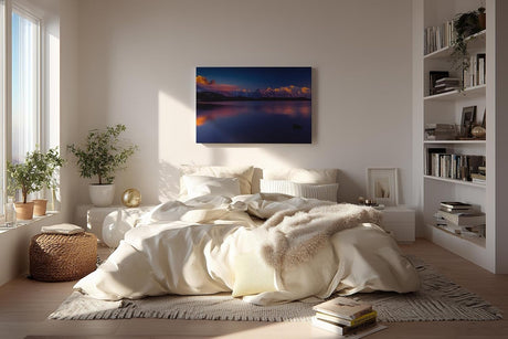Sinus Art Wandbild 120x80cm Spektakuläre Alpenkulisse mit reflektierendem Wasser und leuchtenden Bergspitzen