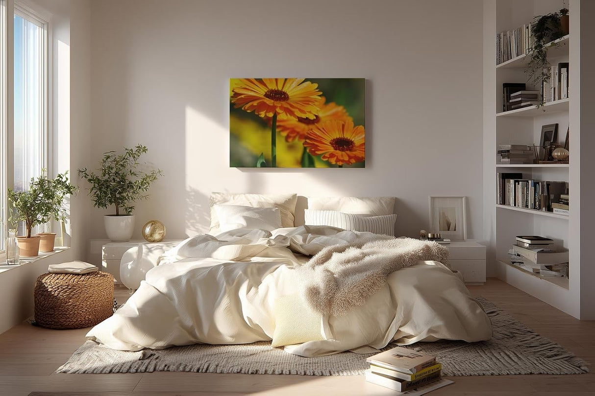 Sinus Art Wandbild 120x80cm Strahlende Ringelblumen in voller Blüte mit lebendiger Bildtiefe und Klarheit