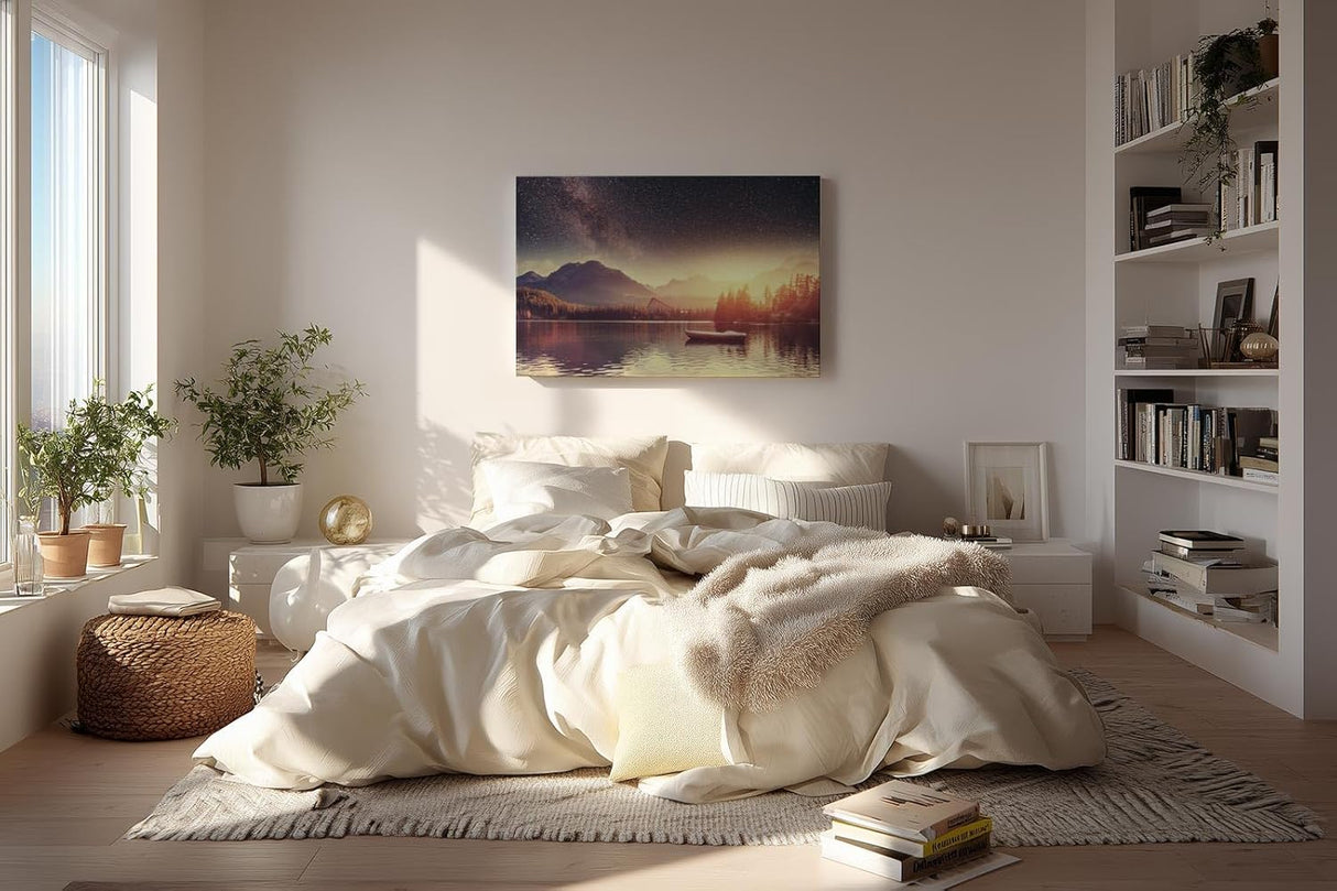 Sinus Art Wandbild 120x80cm Stimmungsvolle Komposition aus Sternenhimmel, Bergen und stiller Wasserfläche