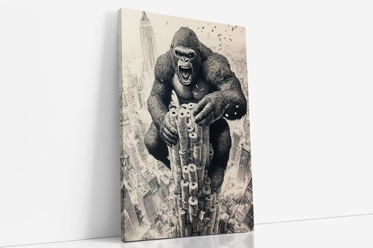 Paul Sinus Poster/Leinwandbild/Rahmenoption – King Kong auf dem Klopapier-Turm – Lustige WC-Deko für dein Badezimmer